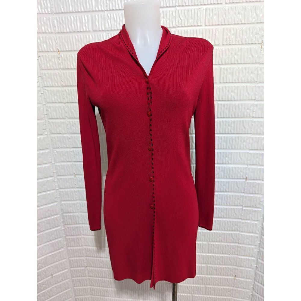 Venini Women's Red Button-Up Knitted Long Cardigan Sweater Size S